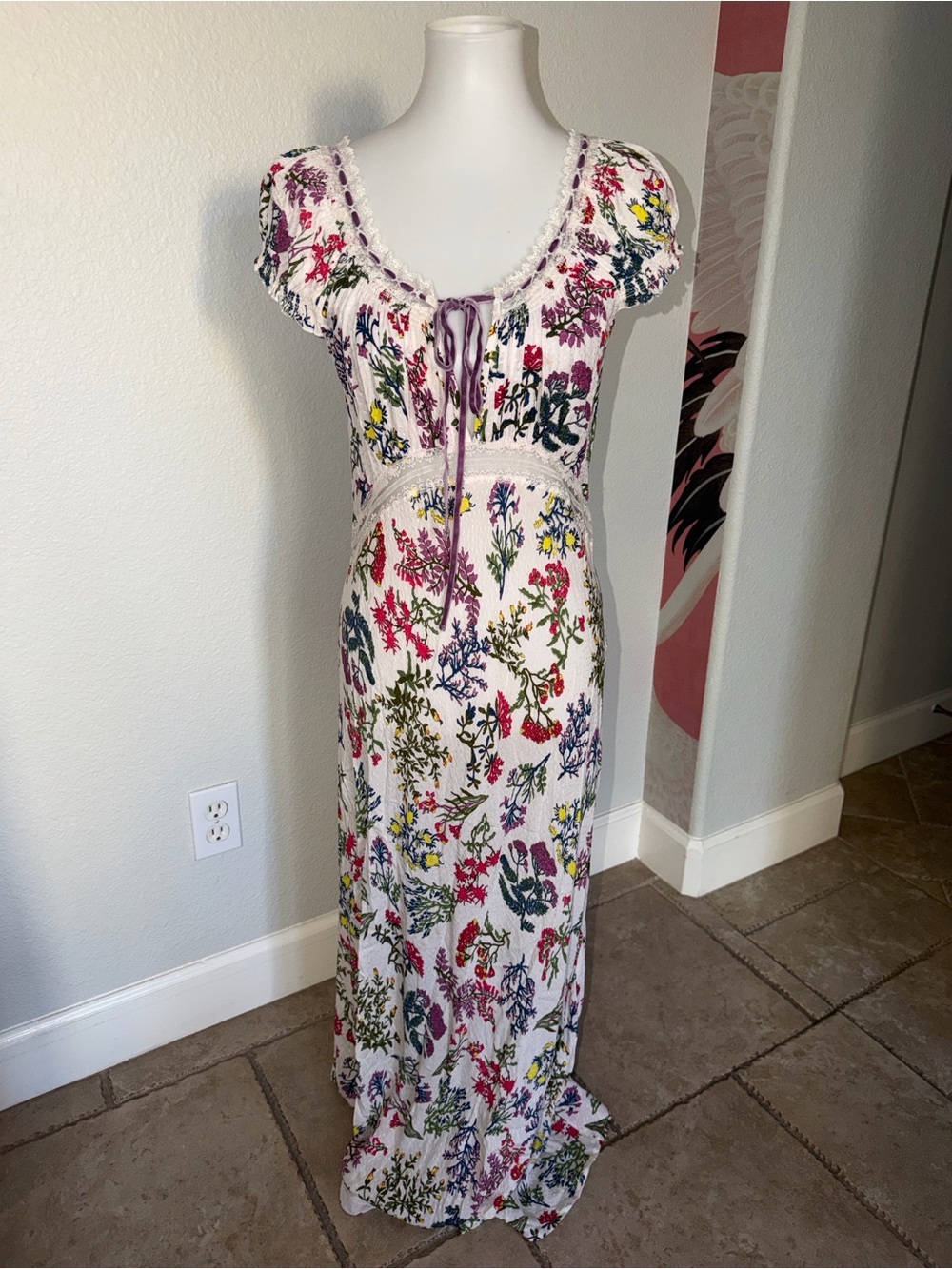 Anthropologie Cream Maxi Dress with Multicolor Floral Print size medium